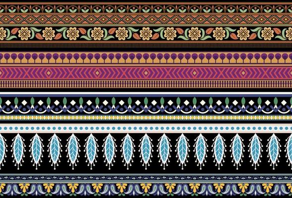 Set Ethnic Seamless borders and flower ornament, motif draws working illustration flowers and  ornament motif India design elements Neckline pattern or, repeat the floral texture