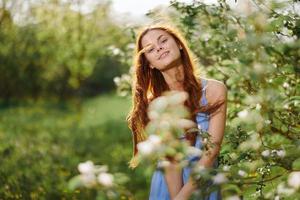 mujer con volador pelo en primavera soportes en el huerta de un floreciente manzana árbol y sonriente con dientes acariciando sí misma con su manos y abrazando, en un azul vestido, felicidad puesta de sol foto