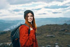 mountains landscape woman vacation adventure backpack tourism model photo