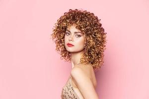Lady Curly hair red lips attractive look model bright makeup photo