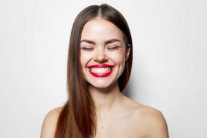 Sexy woman Wide smile closed eyes bare shoulders photo