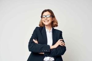 pretty business woman in suit posing work official photo