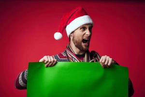 emotional man wearing santa hat green poster photo