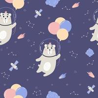 Space seamless pattern. Cute astronaut bear with balloons, stars and meteorites on dark blue background. Vector illustration for baby collection, design, decor, wallpaper, packaging and textile.