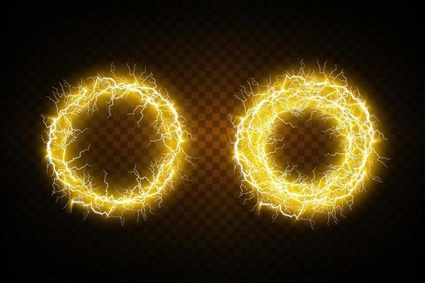 Golden Ball lightning. Abstract electric lightning strike. Light flash, thunder, spark.