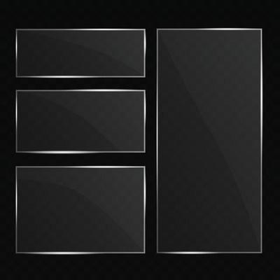 Glass plate set on transparent backdrop. Isolated glass and shadow collection. Realistic clear sheet. Window template with flare. Acrylic screen template.