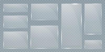 Glass plate set on transparent backdrop. Isolated glass and shadow collection. Realistic clear sheet. Window template with flare. Acrylic screen template. vector