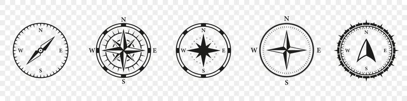 Compass Silhouette Icon Set. Windrose, Rose Wind Symbol. Navigational Orientation Equipment Glyph Pictogram. Adventure Direction to North, South, West, East Solid Sign. Isolated Vector Illustration.