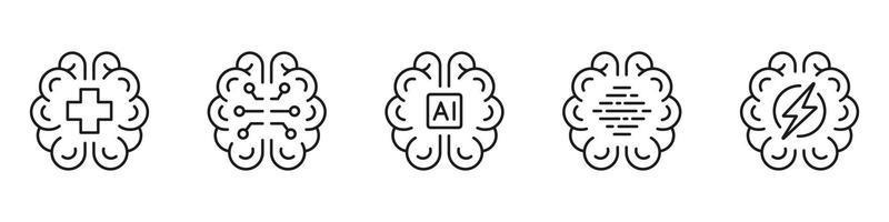 Neurology Science, Digital Technology Linear Pictogram Set. Human Brain AI Concept Black Line Icons. Artificial Intelligence Symbol on White Background. Editable Stroke. Isolated Vector Illustration.