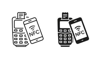 Payment By Smartphone on POS Line and Silhouette Icon Set. Contactless NFC Technology Pictogram. Cashless Transaction by Mobile Phone Symbol Collection. Isolated Vector Illustration.