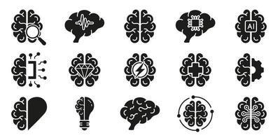 Human Brain Black Silhouette Icon Set, AI Concept. Brainstorm, Artificial Intelligence, Stress, Human Mind Solid Symbol Collection on White Background. Isolated Vector Illustration.