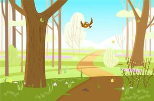 Early spring landscape with trees, flowers, bird flying. Spring forest scenery. Cartoon vector illustration.