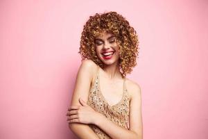 Model Smile curly hair red lips closed eyes photo