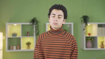 Unhappy and depressed boy. Sad and sad boy looking at camera and shaking his head negatively at home. video