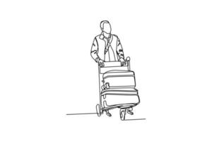 Continuous one-line drawing a man traveling with two big suitcases. Airport activity concept. Single line drawing design graphic vector illustration