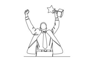 Single one-line drawing an employee gets a trophy at the work. Employee appreciation day concept. Continuous line drawing design graphic vector illustration.