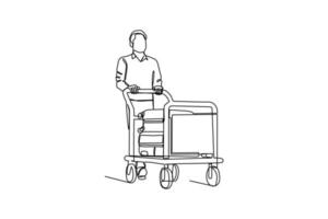 Continuous one-line drawing a man pushing a trolley full of suitcases. Airport activity concept. Single line drawing design graphic vector illustration