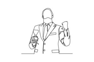 Single one-line drawing a man celebrating getting an award trophy. Employee appreciation day concept. Continuous line drawing design graphic vector illustration.