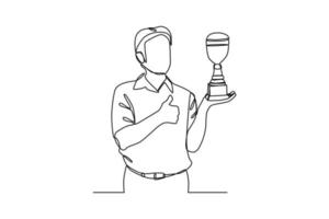 Single one-line drawing an employee gets the award and poses okay. Employee appreciation day concept. Continuous line drawing design graphic vector illustration.