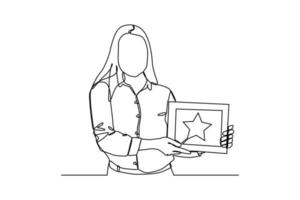 Single one-line drawing a female employee is given certificates of appreciation. Employee appreciation day concept. Continuous line drawing design graphic vector illustration.