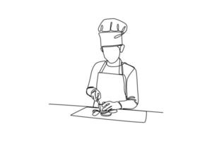 continuo una línea dibujo un cocinero corte vegetales en el cocina. cocina actividad concepto. soltero línea dibujo diseño gráfico vector ilustración