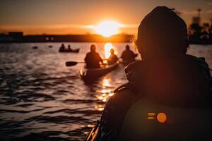 personas kayac durante puesta de sol ilustración ai generativo foto