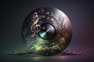 Colorful music notes background with sheet music, disc and treble clef. Illustration photo