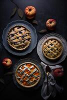 Apple and peach pies on plates documentary photography. Illustration photo