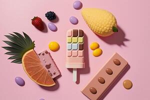 Fruit popsicle with ingredients over pink tile background. Illustration photo