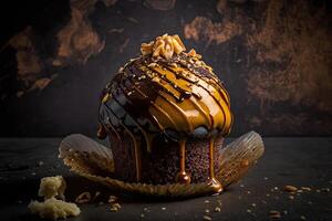 Chocolate caramel cupcake with nuts and butterscotch. Illustration photo