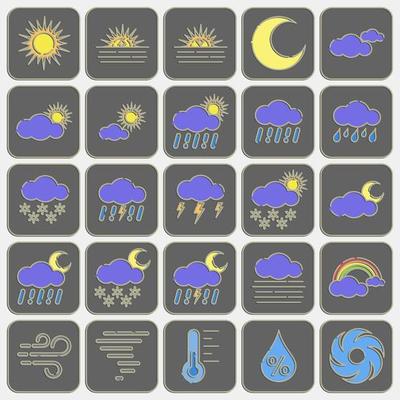 Icon set of weather. Weather elements symbol. Icons in embossed style. Good for prints, web, smartphone app, posters, infographics, logo, sign, etc.