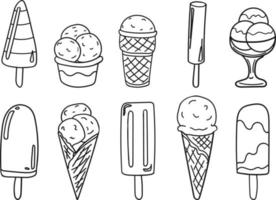 Black and white set of different kinds of ice cream. Ice cream on a stick, in a waffle cone and cup, fruit ice. vector