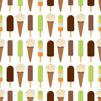 A set of different kinds of ice cream in a seamless pattern. Fruit ice, waffle cone and ice cream on a stick. Vector illustration.