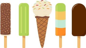 A set of different ice cream in a flat style. Fruit ice, waffle cone and ice cream on a stick vector