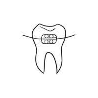 Vector illustration. Dentist's tools. Black outline on a white background. Tooth with bracket