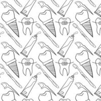 seamless pattern with dental pattern, toothbrush, implant, tooth bracket, paste, dentist tools outline icons- vector illustration