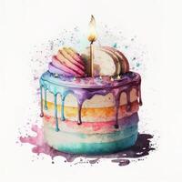 birthday watercolor cake on white background. Illustration photo