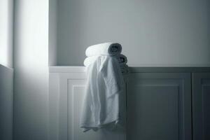 Laundry white towel in bathroom. Illustration photo