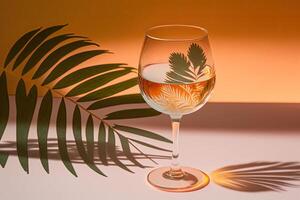 White wine glass peach color glass on beige background. Illustration photo