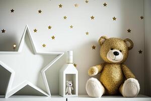 blanco pared con oro estrellas pegatinas y osito de peluche oso en el interior. ilustración ai generativo foto