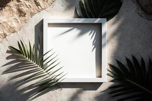 A minimalist white thin line makes a decorated square frame with palm leaves. Illustration photo