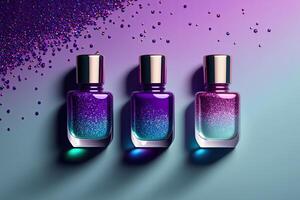 Trendy design template with nail polish glass bottles. Illustration photo
