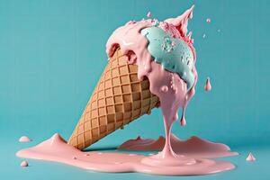 Pink ice cream melting and spilling from the waffle cone. Illustration photo