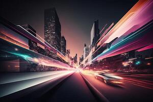 Abstract speed light flow through the city with gradient. Illustration photo