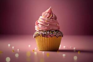 cumpleaños magdalena en rosado. ilustración ai generativo foto