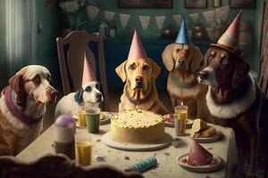 dogs in birthday caps sit at party. Illustration photo