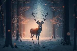 Magic winter forest with deer and lights. Illustration photo