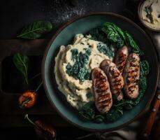 Grilled sausages with mashed potatoes. Illustration photo