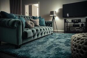 Living room interior with stylish furniture focus on sofa. Illustration photo