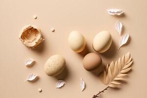 Happy Easter concept. Beige background with eggs. Illustration photo